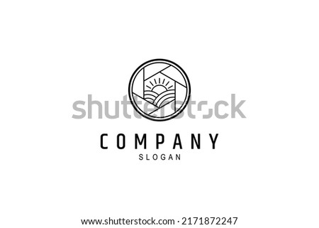 camera lens logo or lens aperture with sunrise nature scene inside, simple line design style