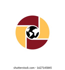 camera lens logo with earth icon vector template