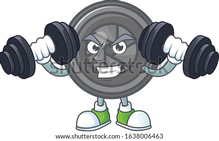 Camera lens mascot icon on fitness exercise trying barbells