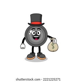 camera lens mascot illustration rich man holding a money sack , character design
