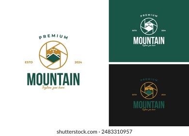 Camera lens with a mountain reflection logo design, ideal for a photography business specializing in nature and landscapes. Vector illustration template idea