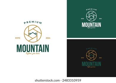 Camera lens with a mountain reflection logo design, ideal for a photography business specializing in nature and landscapes. Vector illustration template idea