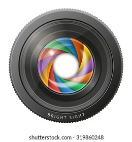 Camera lens with multicolored shutter open, isolated on white background. Vector illustration