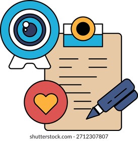 La lente de una cámara está en un pedazo de papel con un bolígrafo y un corazón. La lente de la cámara está rodeada por un círculo y el corazón está en el centro. La pluma está en el lado derecho del papel