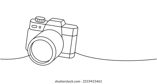 Câmera com uma lente de desenho contínuo de uma linha. Equipamento profissional de fotografia. Ilustração linear de vetor.