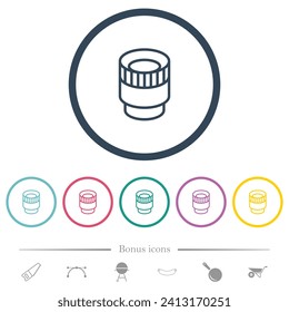 Iconos de color plano de la lente de la cámara en contornos redondos. 6 iconos de bonificación incluidos.