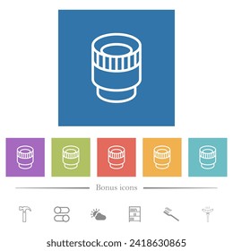 Camera lens outline flat white icons in square backgrounds. 6 bonus icons included.