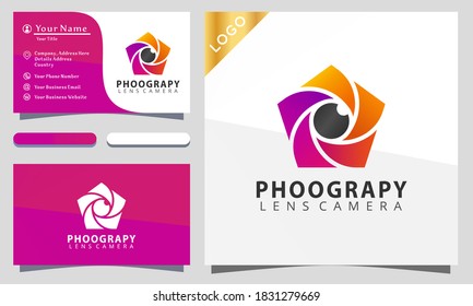 Camera Lens Phentagon Photograpy Colorful Logo Design Vector Illustration, Business Card