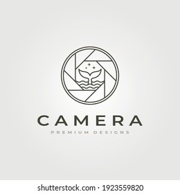 camera lens photography icon logo line art with whale tail vector symbol illustration design