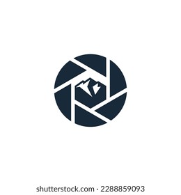 camera lens photography logo with nature mountain symbol vector illustration design
