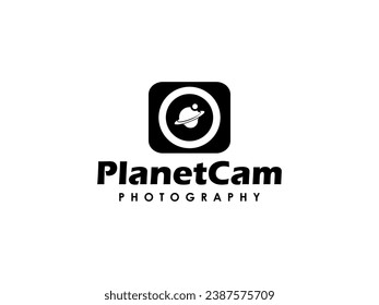 Camera lens with planet symbol for photography logo design