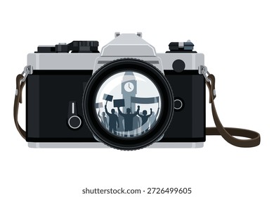 Kamera-Objektiv reflektierenden Protest, Menge mit Zeichen, ikonische Gebäude, Fotografie Konzept.