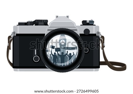 Camera lens reflecting protest, crowd with signs, iconic building, photography concept.