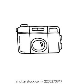  Camera with lens. Shooting high-quality photos, while traveling, camping, on vacation. Camera. Doodle. Vector illustration. Hand drawn.Outline.