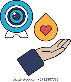 A camera lens is shown with a heart and a hand. The camera lens is a symbol of capturing moments and memories, while the heart represents love and affection. The hand is a symbol of protection