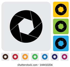 camera lens shutter blades icons ( signs )- simple vector graphic. This illustration has the shutter icon on grey, green, orange and blue backgrounds & useful for websites, documents, printing, etc