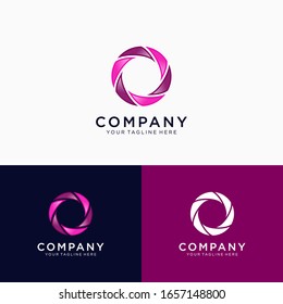 Camera lens shutter logo design emblem violet purple wedding photography logo vector illustration logo template