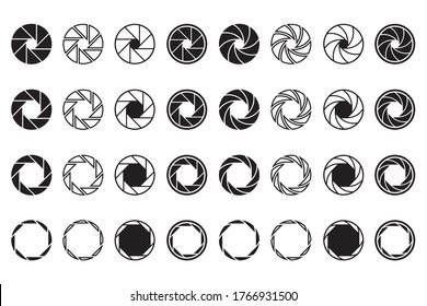 Camera lens signs set. Shutter aperture or diaphragm graphic symbols. Vector illustrations for optics, photographic device, photographer job or studio logo