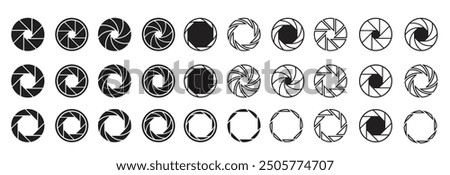 Camera lens signs set. Shutter aperture or diaphragm graphic symbols. Vector illustrations for optics, photographic device, photographer job or studio.