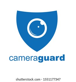Camera lens silhouette in shield with  isolated on light background can be used as logo for camera protection products 