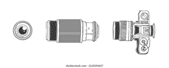 Camera and lens. Camera and Lens Sketch. Hand-drawn image. Vector illustration