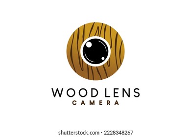 Camera lens vector illustration logo design with creative wood motif concept