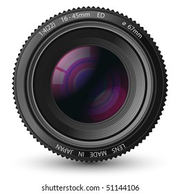 A camera lens vector illustration with realistic reflections and shadow