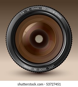 A camera lens vector illustration with realistic reflections on brown background