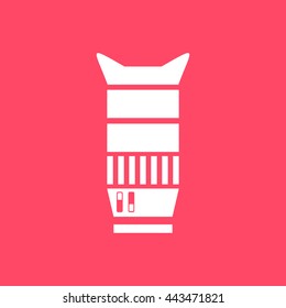 Camera Lens white icon on magenta color background. Eps-10.