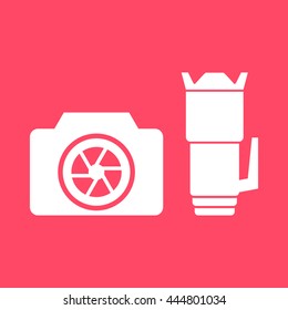 Camera & Lens white icon on magenta color background. Eps-10.