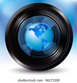 camera lens with a world globe