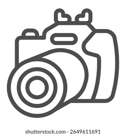 Câmera com lentes para ícone de linha de multizoom, conceito de equipamento óptico. Gráficos vetoriais. Sinal da câmera fotográfica no fundo branco, ícone de estilo de contorno para design móvel ou web