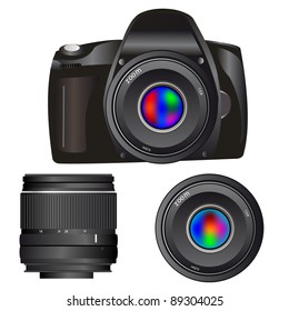 Camera and lenses on white background is insulated