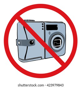 The camera light blue with black outline. Red strikeout circle forbidden to photograph. Vector illustration. Isolated object. Sticker.