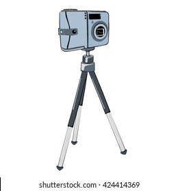 The camera is light blue on a tripod black linear tracings. Vector illustration on white background. Isolated object.
