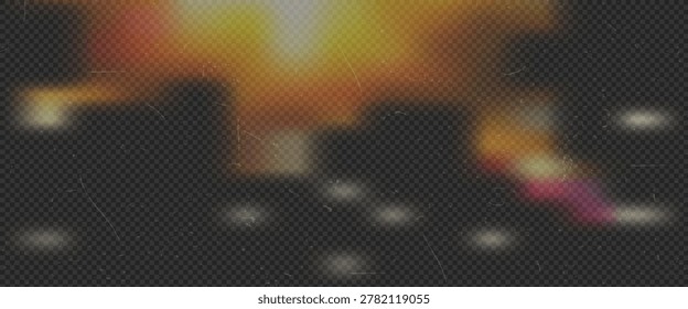 Camera light leak grid overlay with warm orange glow scattered highlights dust and scratches on dark background perfect for retro photo editing film effects and social media design.Vector illustration