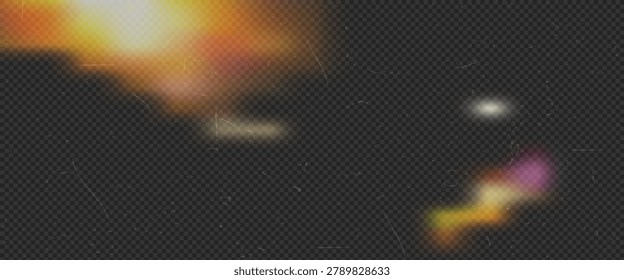 Camera light leak overlay with bright orange and rainbow glow isolated spots dust scratches on dark background perfect for retro photo editing film effects and social media designs.Vector illustration