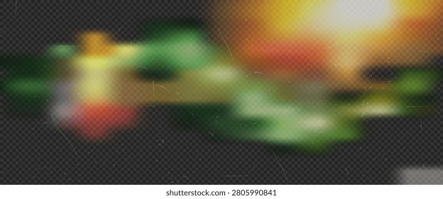 Camera light leak overlay with green and orange glow soft red highlight dust scratches and film grain on dark background. Perfect for retro photo editing and social media designs. Vector illustration