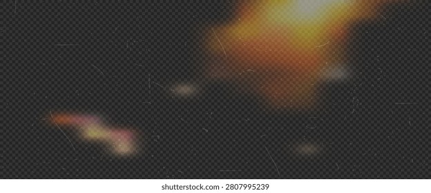 Camera light leak overlay with soft orange and rainbow glow grain dust and scratches on dark background perfect for retro photo editing film effects and social media designs.Vector illustration