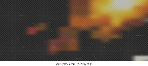 Camera light leak overlay with warm orange glow soft red highlight dust scratches and film grain on dark transparent background perfect for retro photo editing.Vector illustration