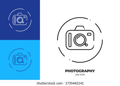 Camera line art vector icon. Outline symbol of Photo equipment. Photographer pictogram made of thin stroke. Isolated on background.