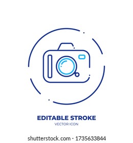 Camera line art vector icon with editable stroke. Outline symbol of Photo equipment. Photographer pictogram made of thin stroke. Isolated on background.