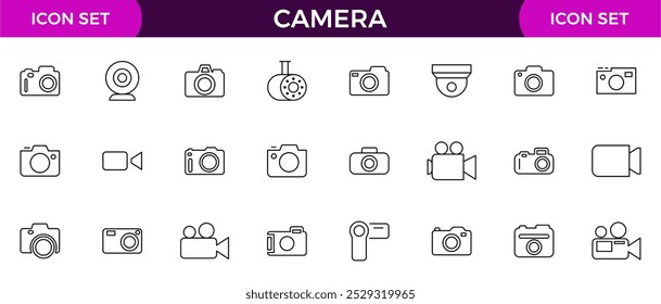 Camera line icon collection. Photography, video, shooting, camera lens, tripod, studio, action camera and camera and equipment line icon set.