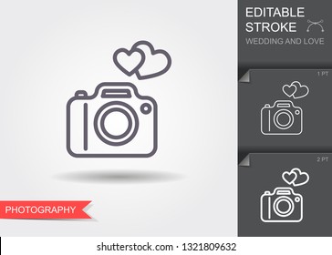 Camera. Line icon with editable stroke. Linear wedding photo symbol