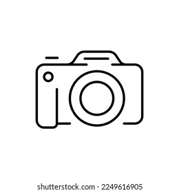 camera line icon. Photo, electrical engineering, selfie, photographer, art, cinematography, photocard. photography concept. Vector black line icon on white background