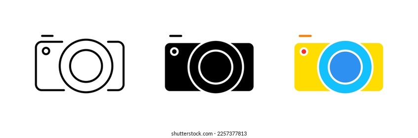 Camera line icon. Photo, selfie, electrical engineering, photographer, art, cinematography, photo card. Photography concept. Vector icon in line, black and colorful style on white background