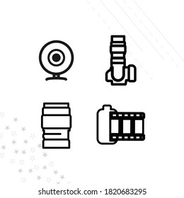 camera line icon set, camera lens, camera film, photo tape, web camera