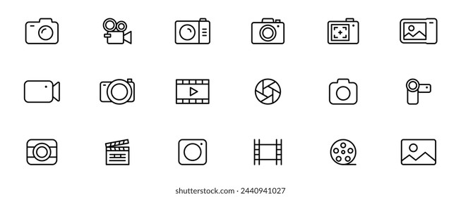 Camera line icon set. Photography icons. Multimedia outline icons - photo and video. Devices icons. Editable stroke. Vector illustration.