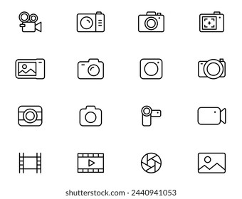 Camera line icon set. Photography icons. Multimedia outline icons - photo and video. Devices icons. Editable stroke. Vector illustration.