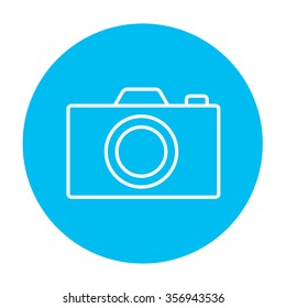 Camera line icon for web, mobile and infographics. Vector white icon on the light blue circle isolated on white background.